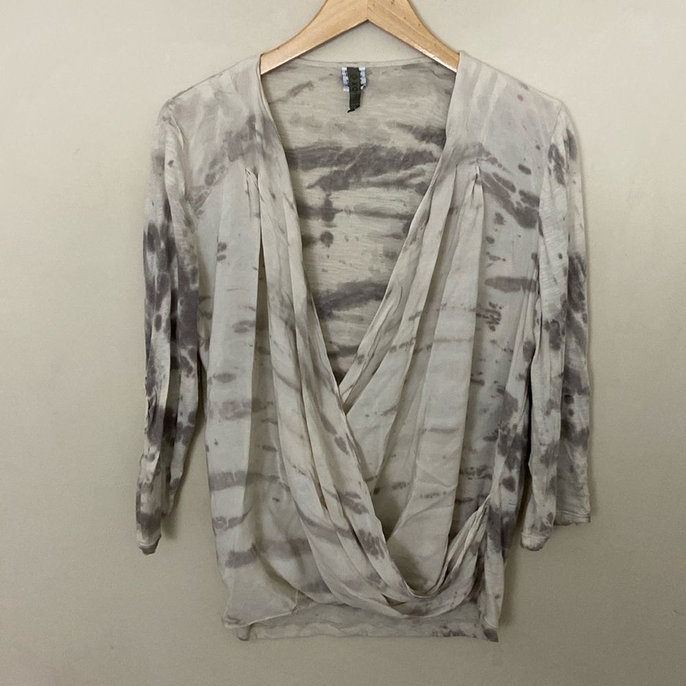 XCVI Tie Dye Faux Wrap Blouse with Contrasting Fabric and 3/4 Sleeve size Large